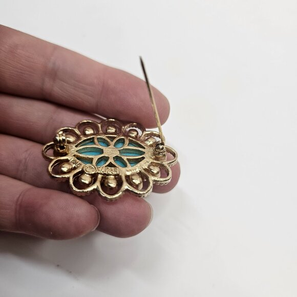 Sarah Coventry Gold Tone Faux Turquoise Pearl Brooch Oval Shape Pin - Picture 7 of 9